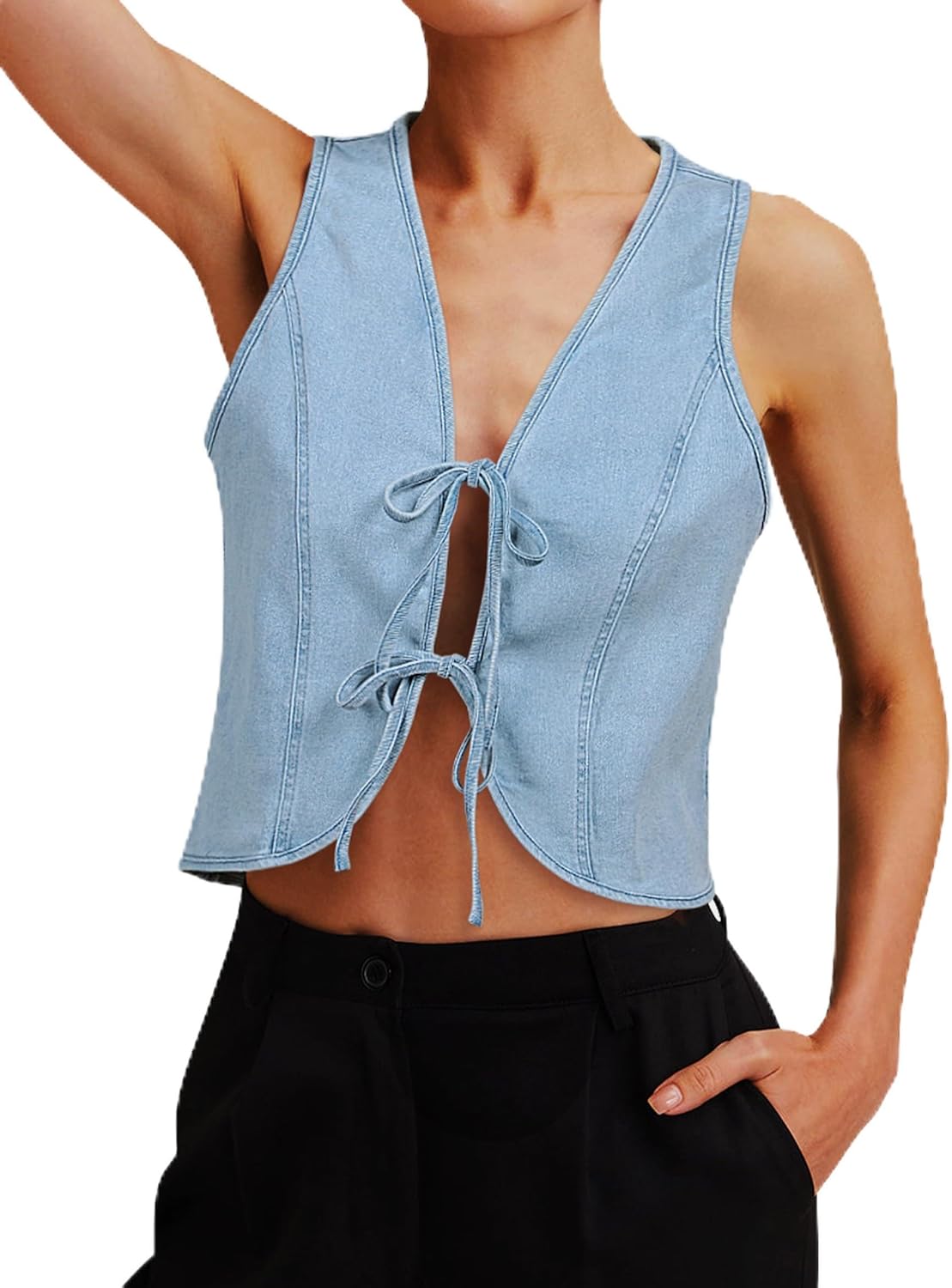 Womens Denim Vest Crop Sleeveless V Neck Retro Tie Up Top