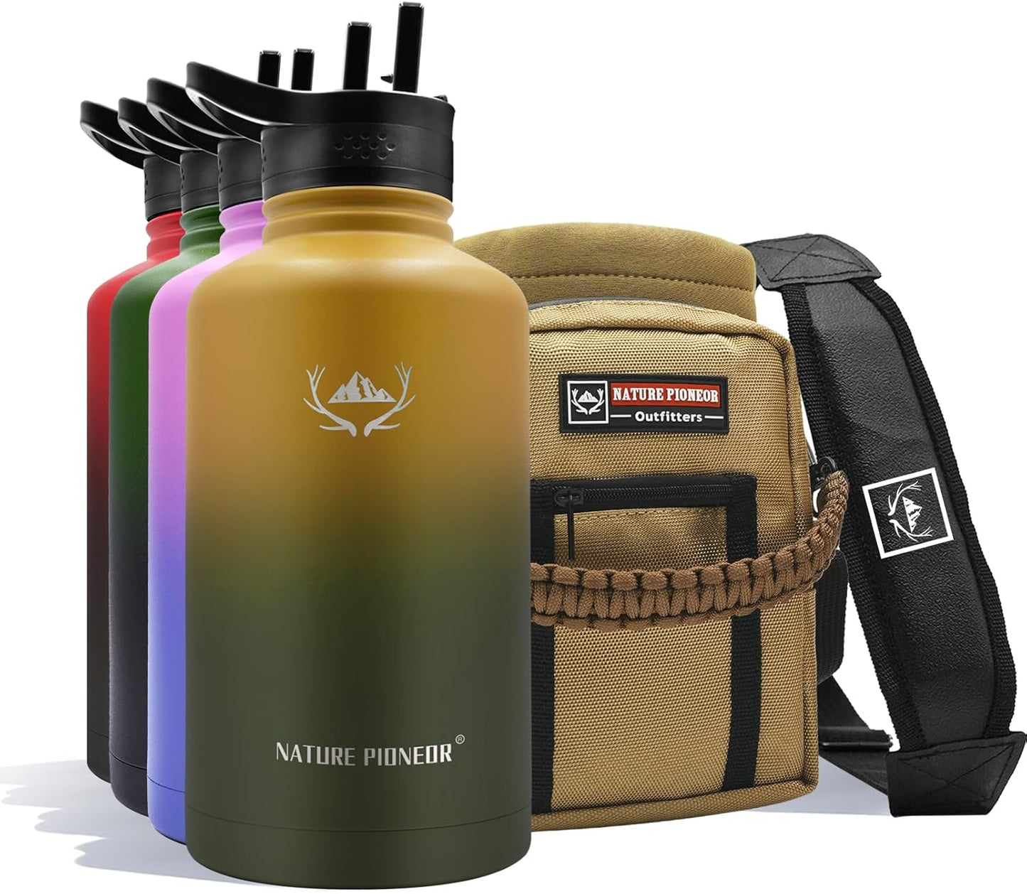 NATURE PIONEOR 64oz Insulated Water Bottle with Straw and Holder
