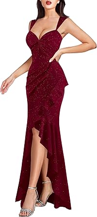 VFSHOW Womens Glitter Sweetheart V Neck Twist Front Backless Gown