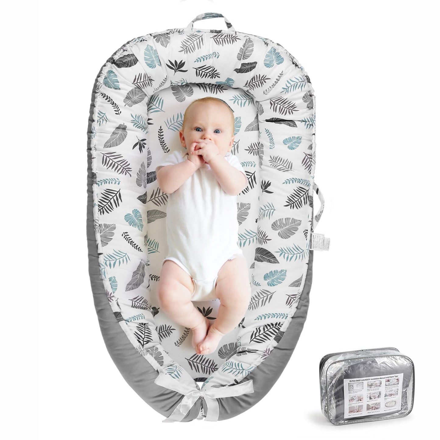 Portable Co-Sleeping Baby Lounger - 100% Cotton, Grey Leaves