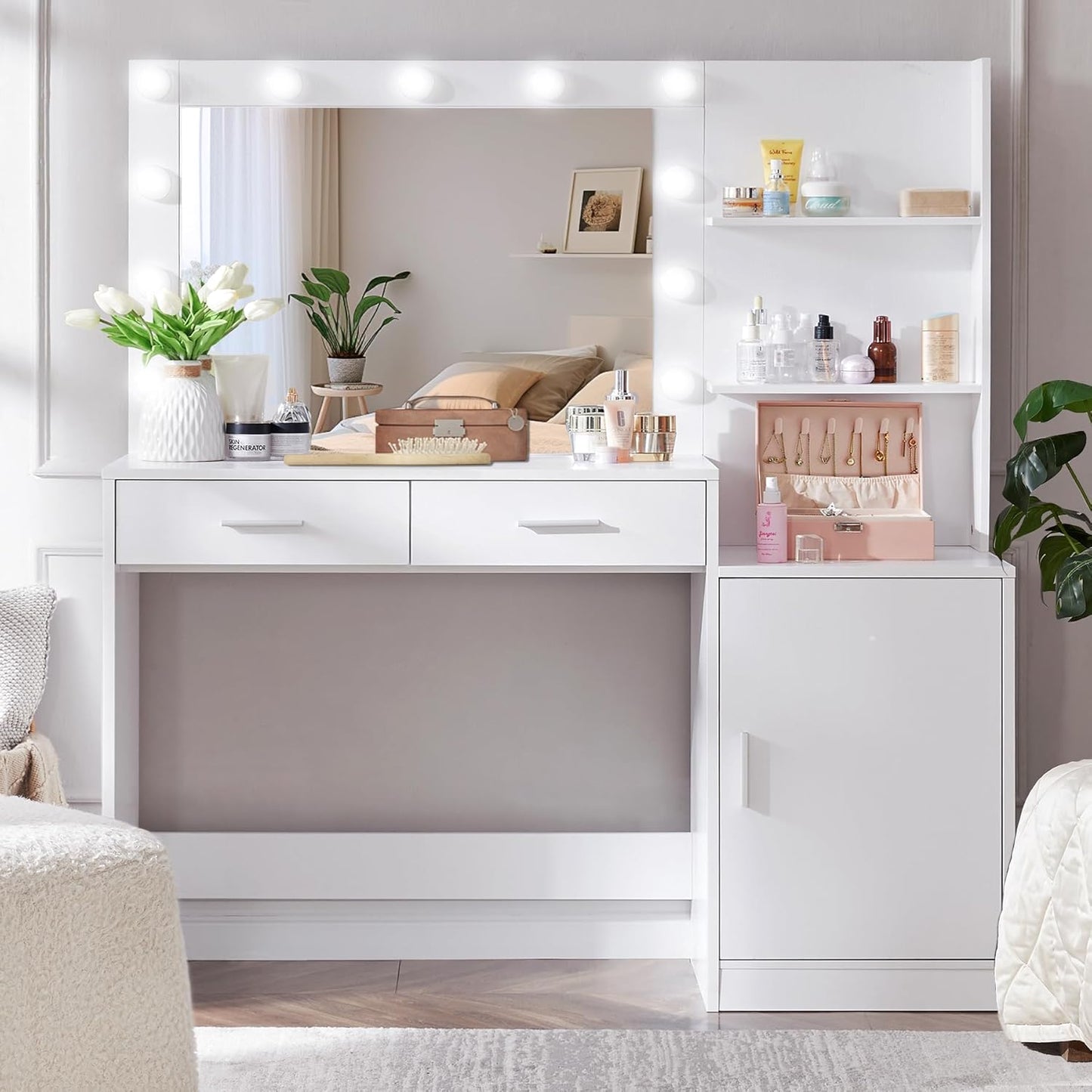 White Vanity Desk: Mirror, Lights, Storage