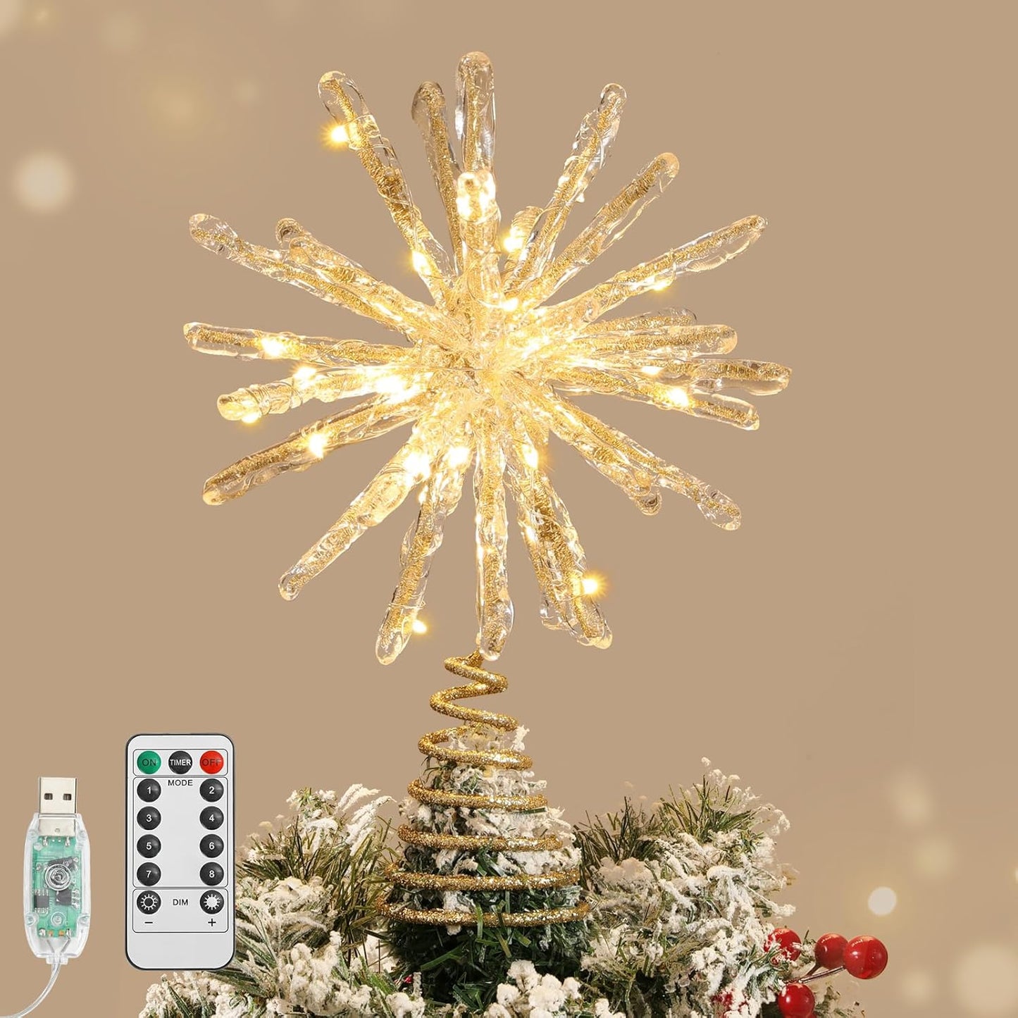 Lewondr Christmas Tree Topper with LED Lights and Remote Control