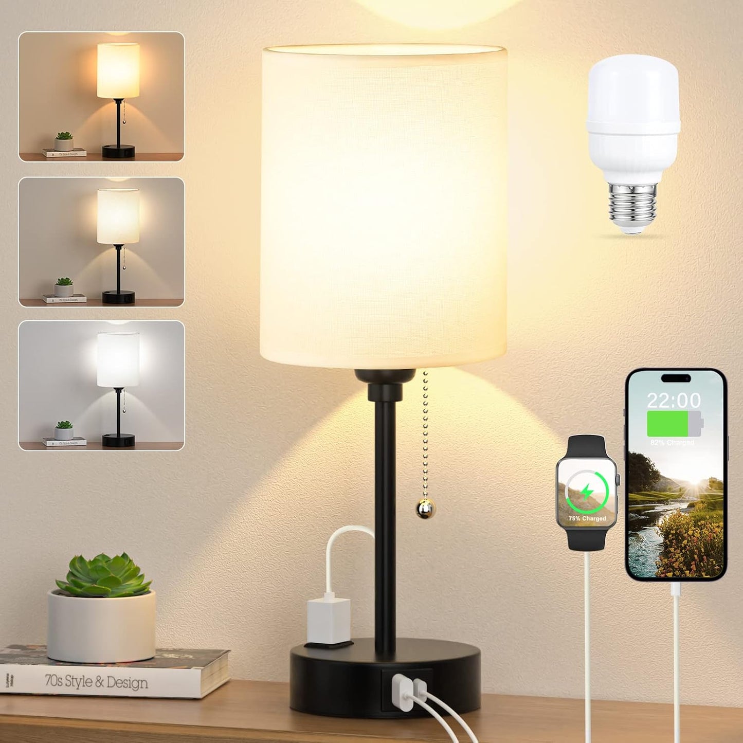 Dicoool Bedside Lamp - 3 Color Temperatures, USB Ports & Outlet