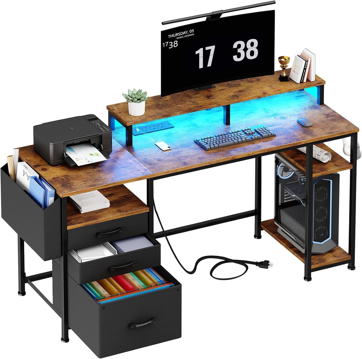 Lufeiya 55 Computer Desk with File Cabinet & LED Lights