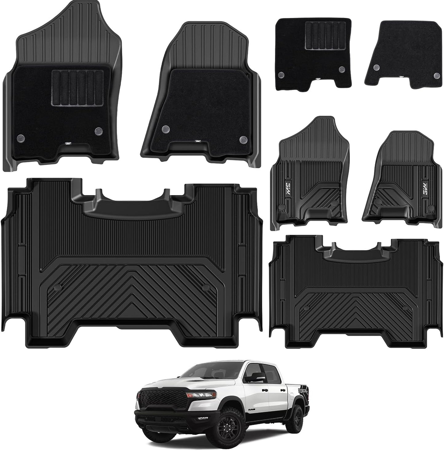 3W Dodge Ram 1500 Floor Mats for 2019-2024 Crew Cab Models