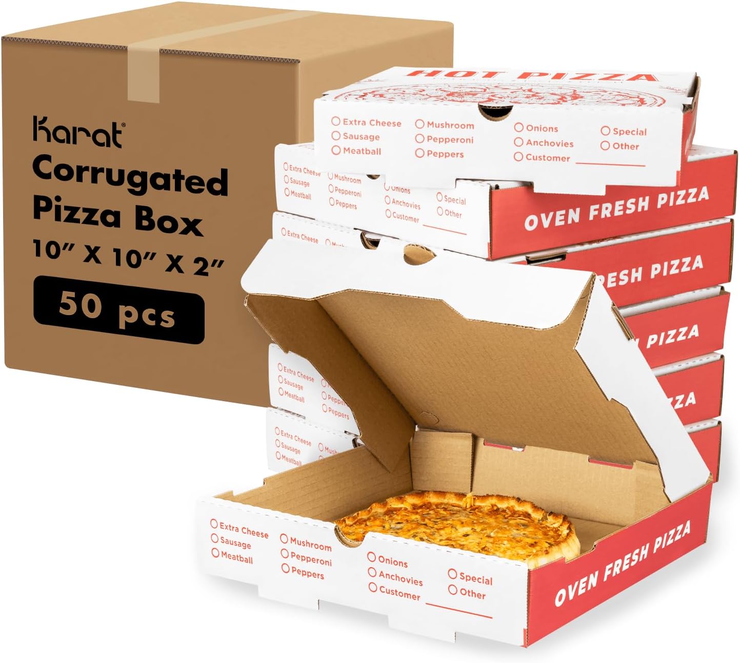 Karat Pizza Boxes 10in x 10in Classic Red Print for Pizzas