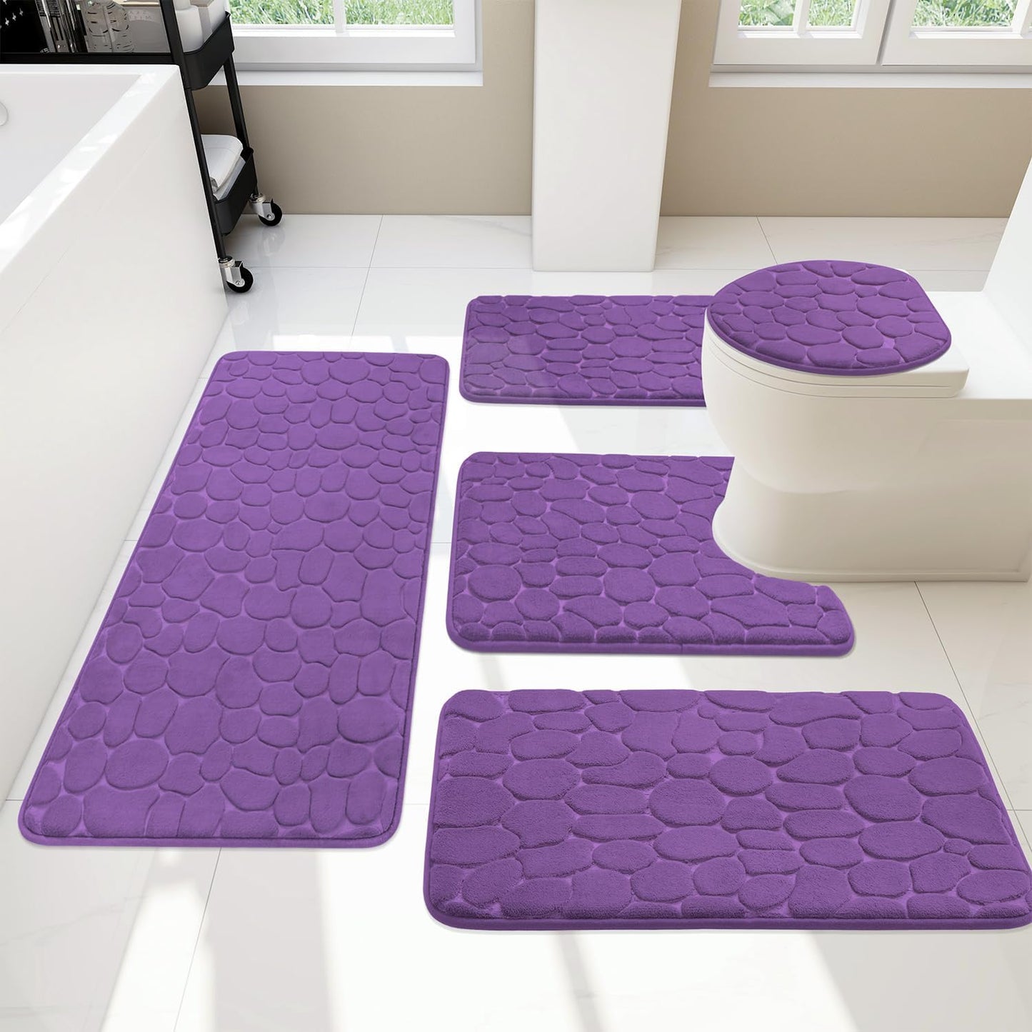 YIHOUSE Bathroom Rugs Set - 5 Piece Cobblestone Memory Foam