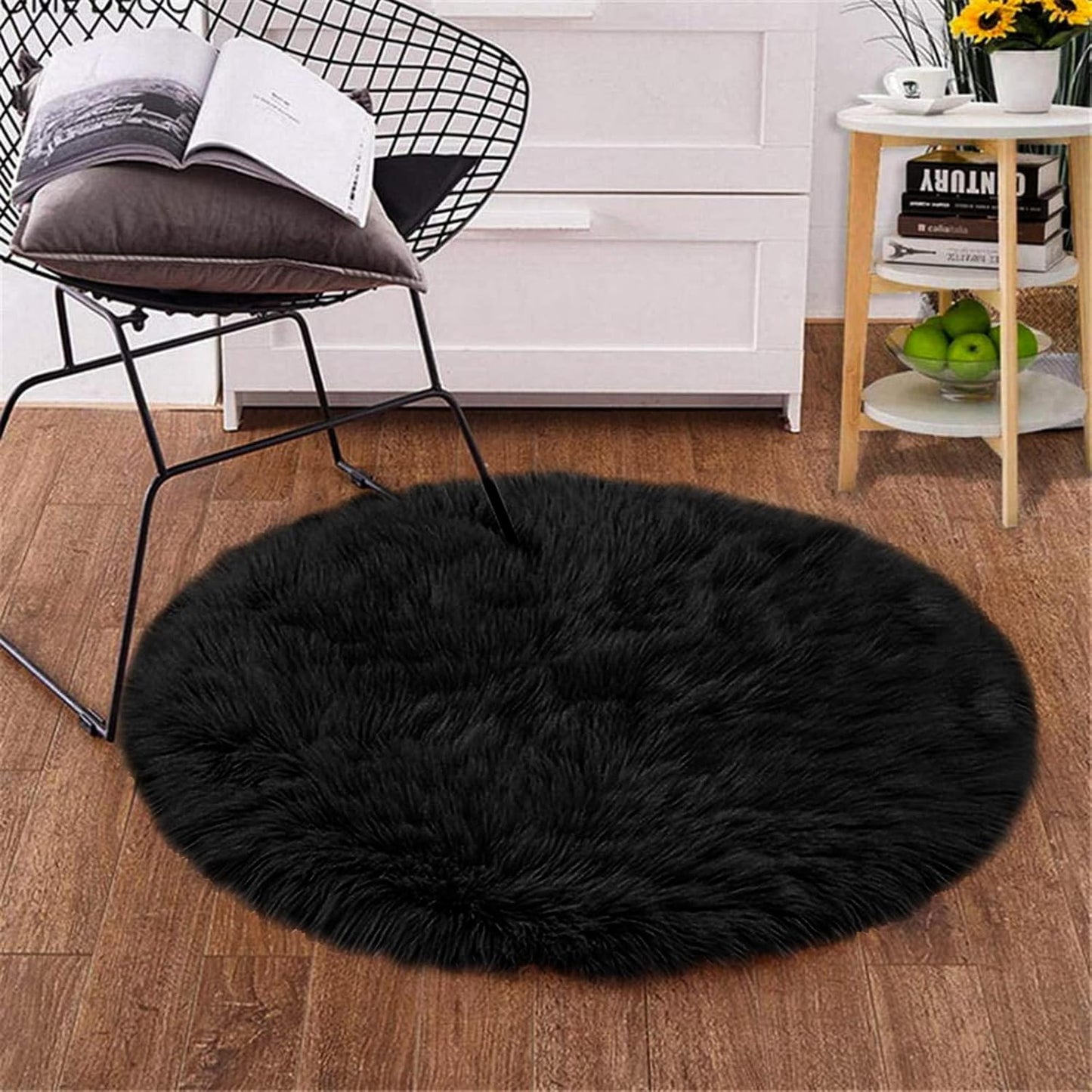 Goolela Black Round Rug 4ft Circle Fluffy Fuzzy Furry Rug