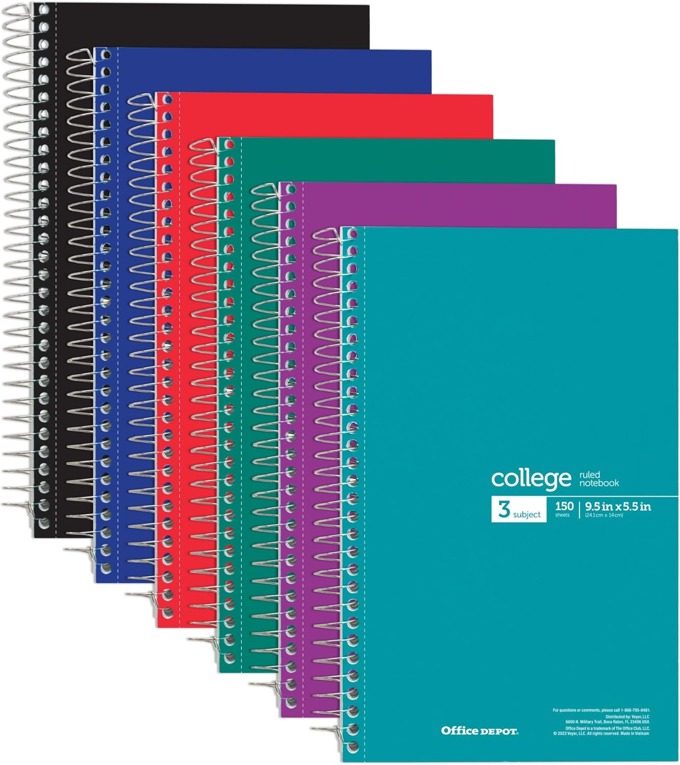 Office Depot Pack of 6 Wirebound Notebooks, 3 Subjects, College Ruled, Assorted Colors