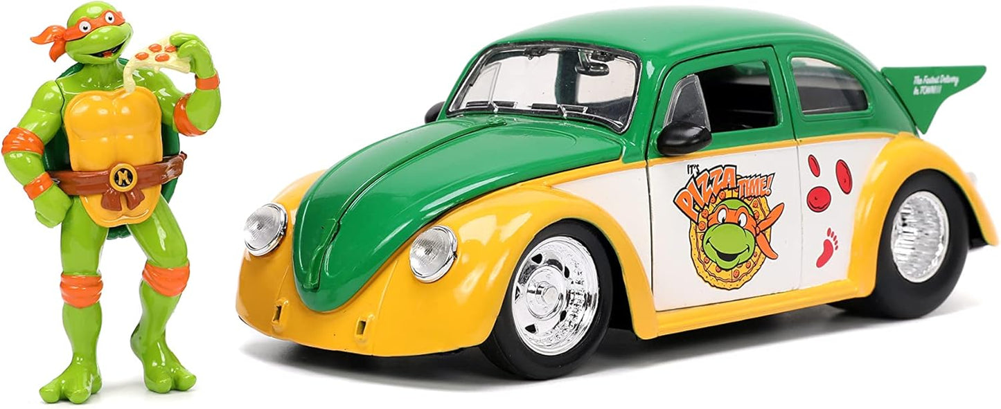 Jada TMNT 1:24 VW Drag Beetle Die-cast w/ Michelangelo Figure - Entertaining Collectible for All