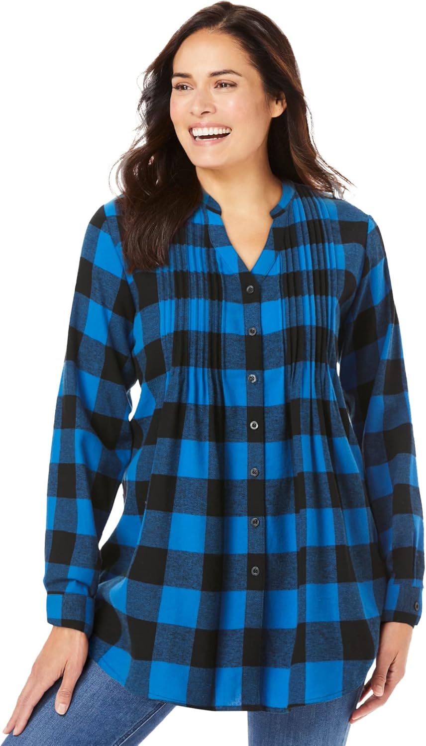 Woman Within Plus Size Pintucked Flannel Shirt for Comfort