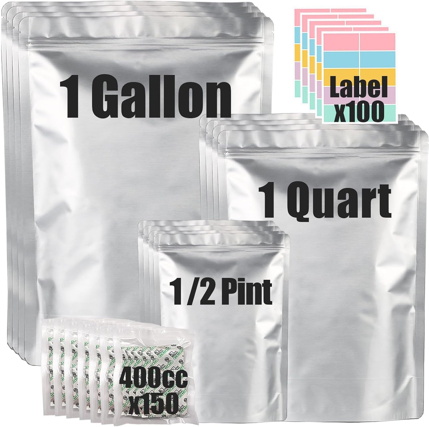 100pcs Mylar Bags for Food Storage with Oxygen Absorbers & Labels