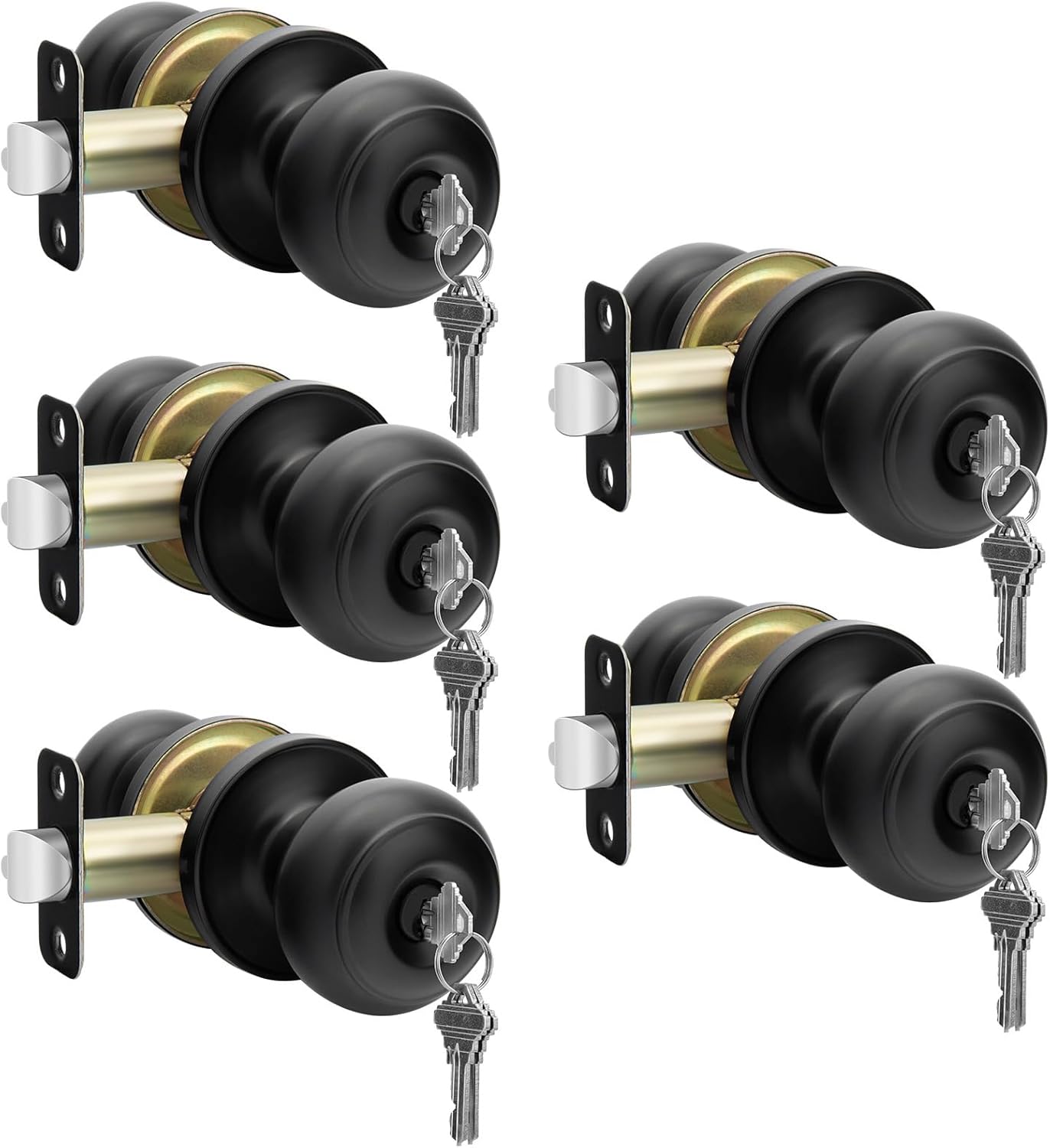 Haidms Black Door Knobs with Lock and Key, 5 Pack, Matte Black