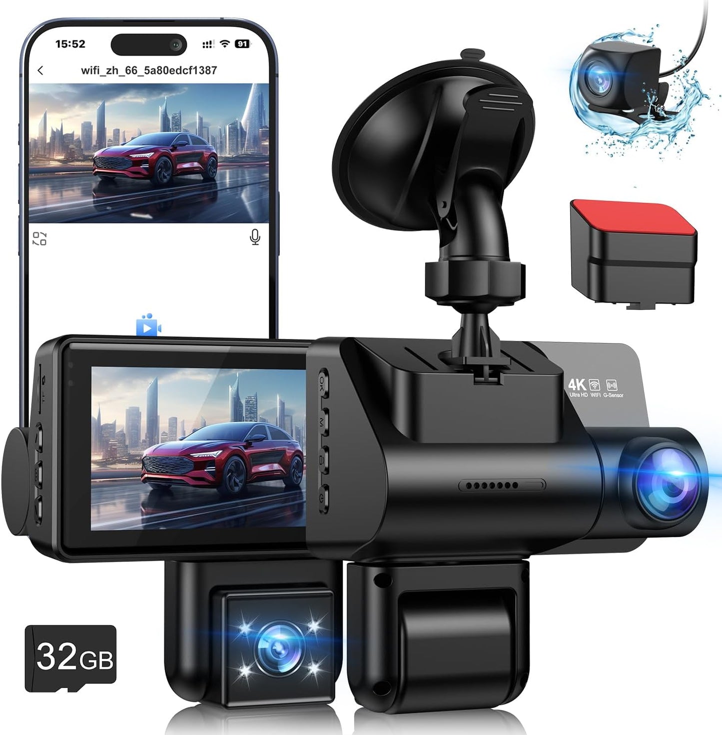 4K 3 Channel Dash Cam with Night Vision and 24H Monitoring