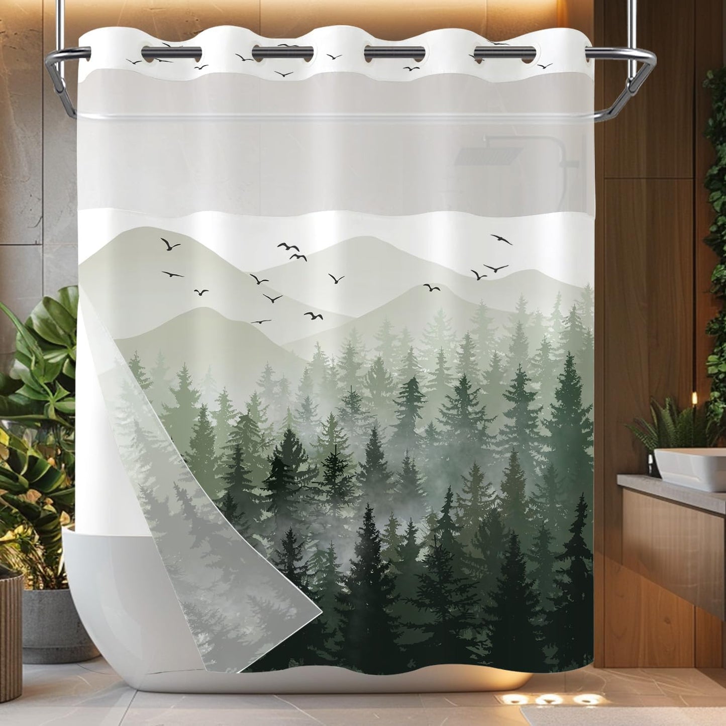 Hookless Sage Green Forest Shower Curtain