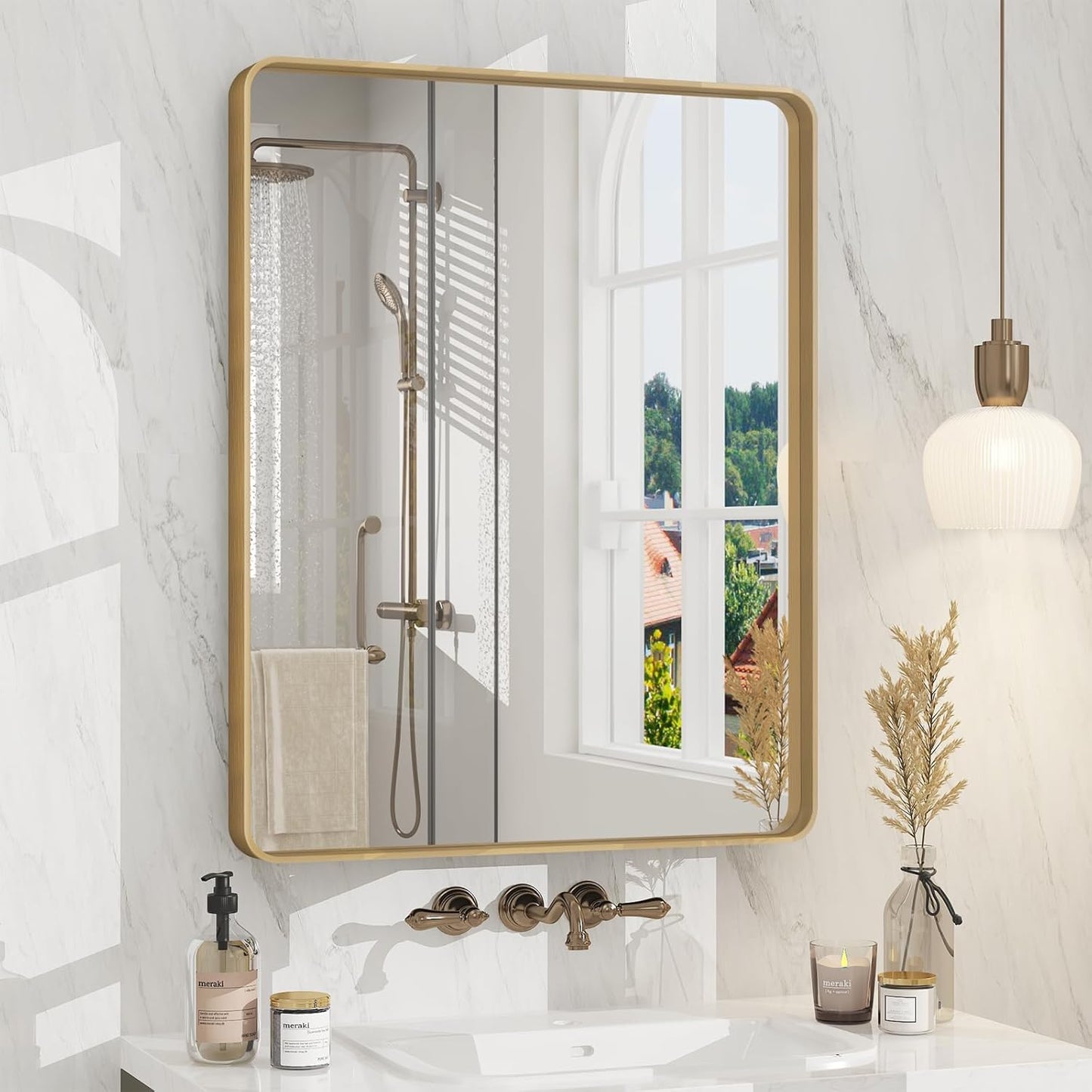 24x30 Gold Bathroom Mirror with Rounded Rectangle Frame Design