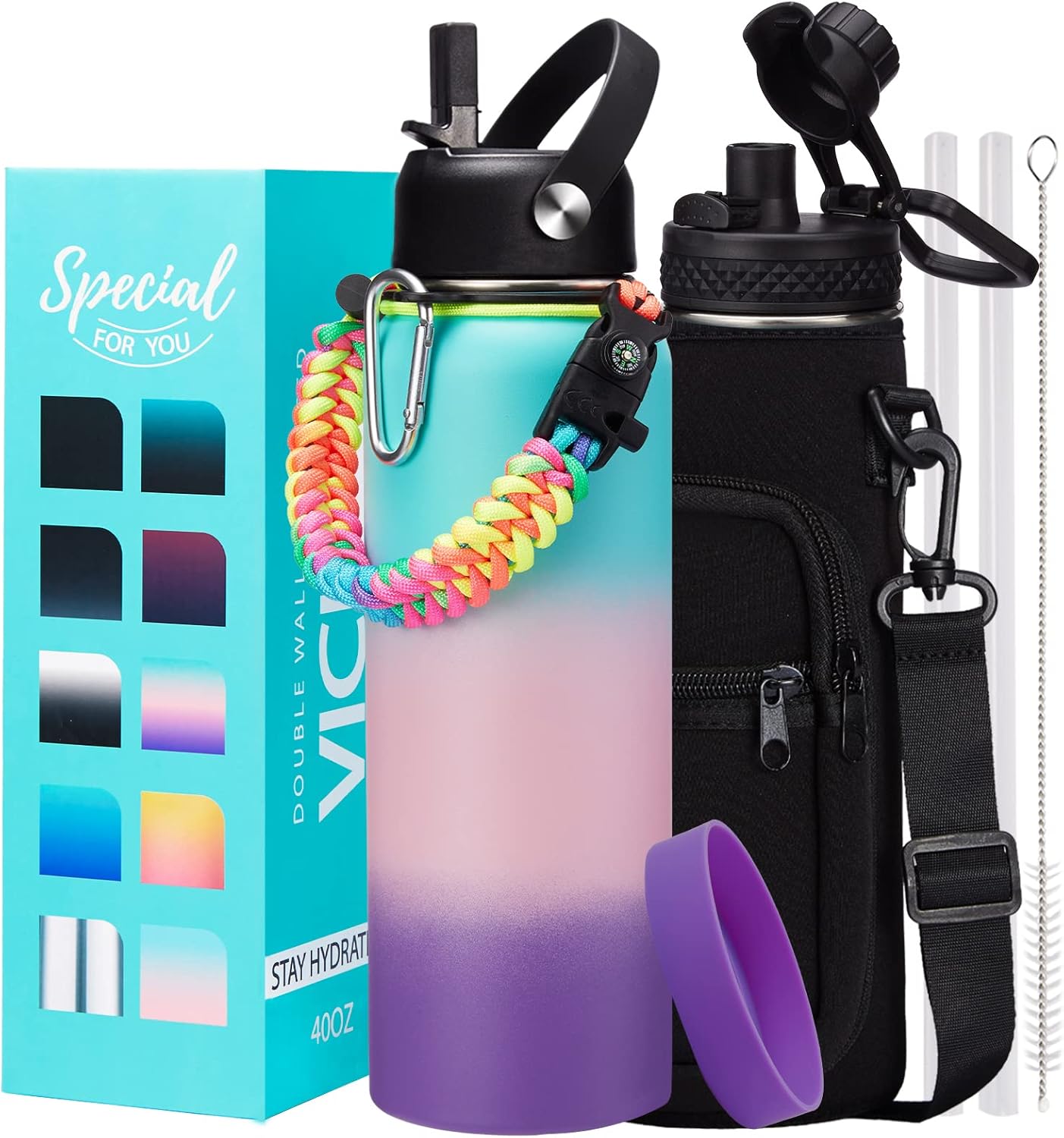 Stainless Steel Water Bottle 40OZ with Straw & Spout Lids