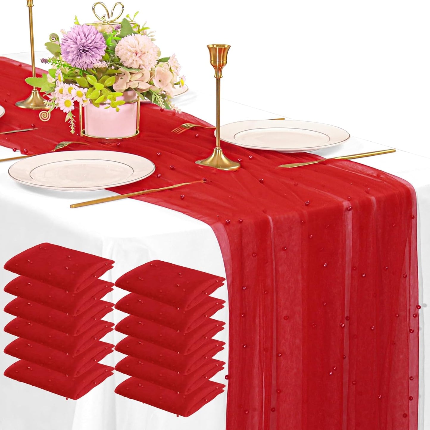 12 Pack 10FT Red Pearl Table Runner for Weddings and Parties