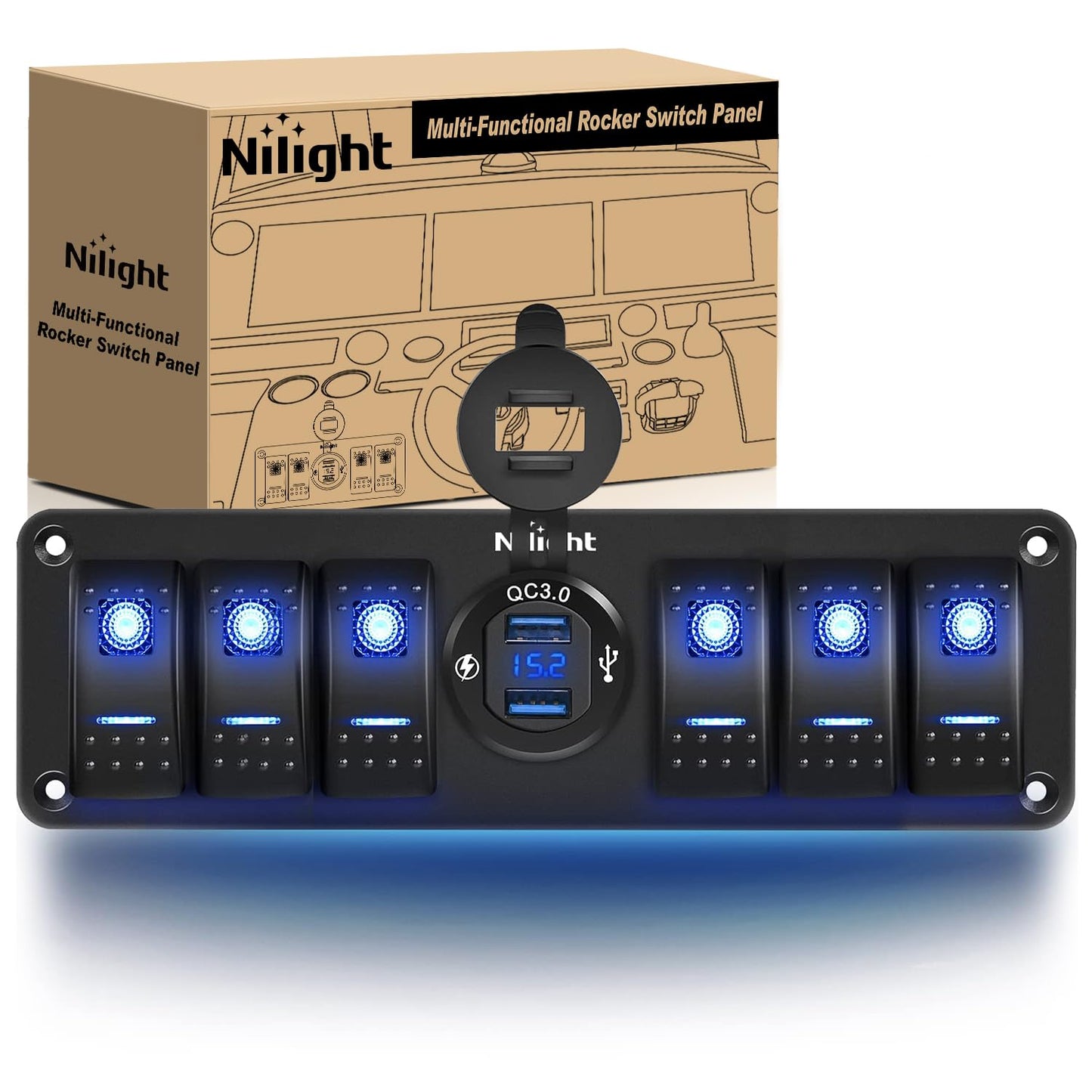 Nilight 6 Gang Rocker Switch Panel with USB Charger and Voltmeter