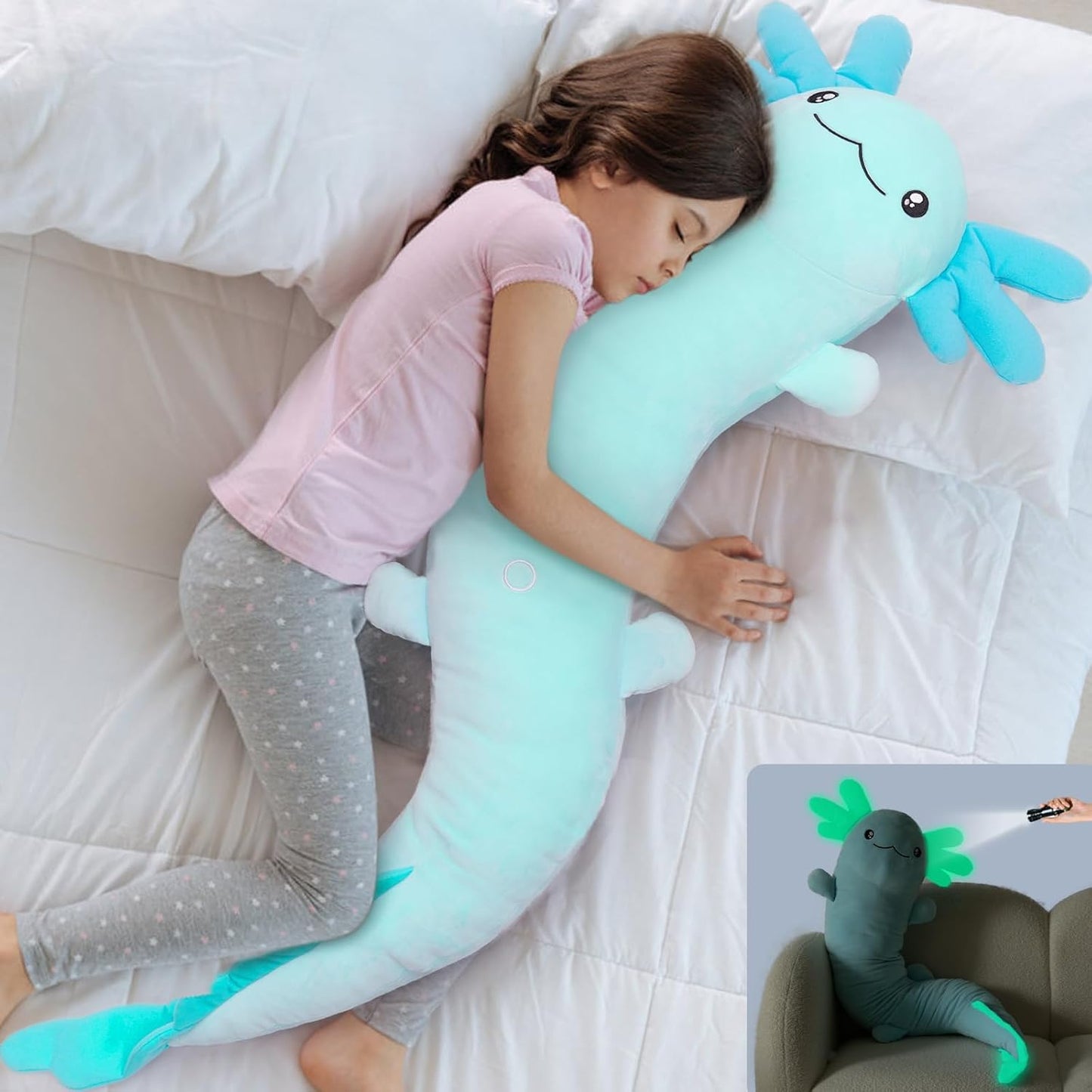 Large Axolotl Plush Body Pillow - Glow in the Dark Soft Toy