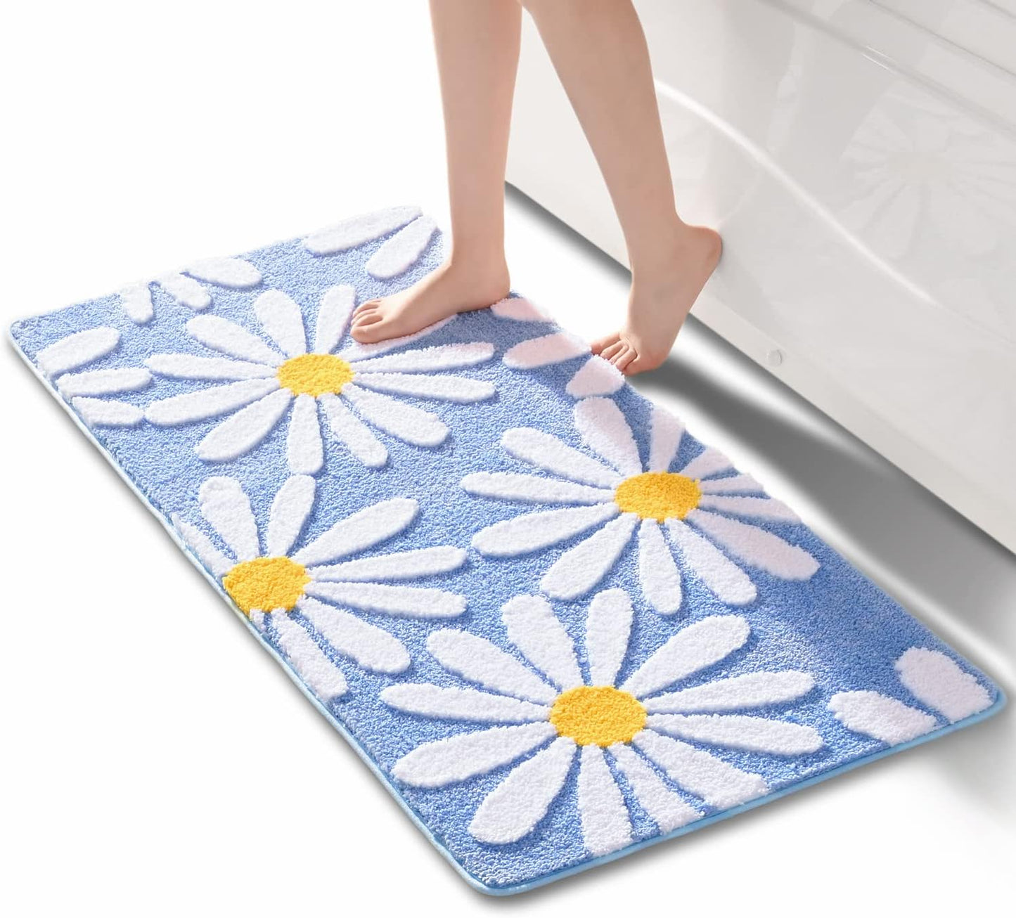 QJHOMO Blue Bathroom Rugs Cute Daisy Bath Mat for Home Decor