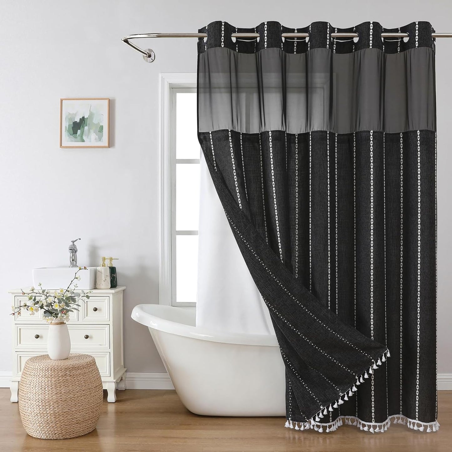 Boho Farmhouse No Hook Shower Curtain Set by eachope