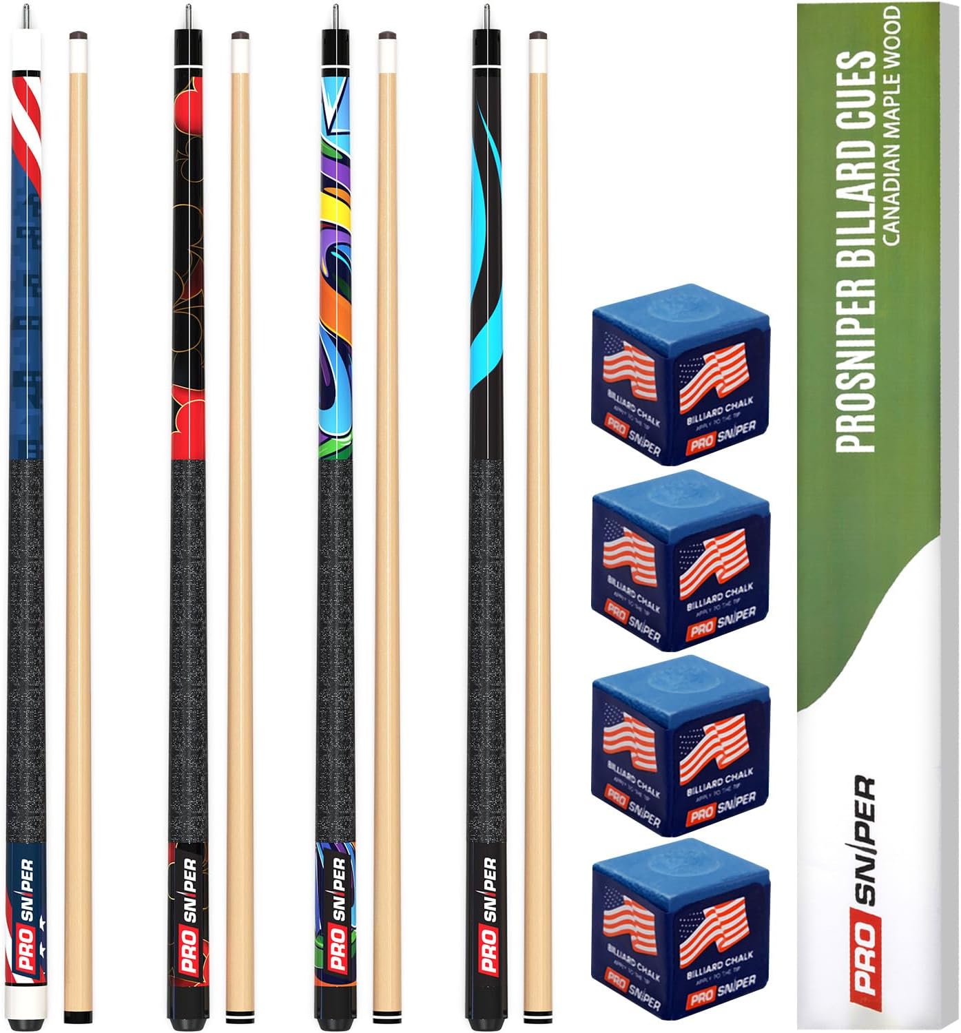 Premium Pool Sticks Set of 4 - 58-Inch Canadian Maple Cues