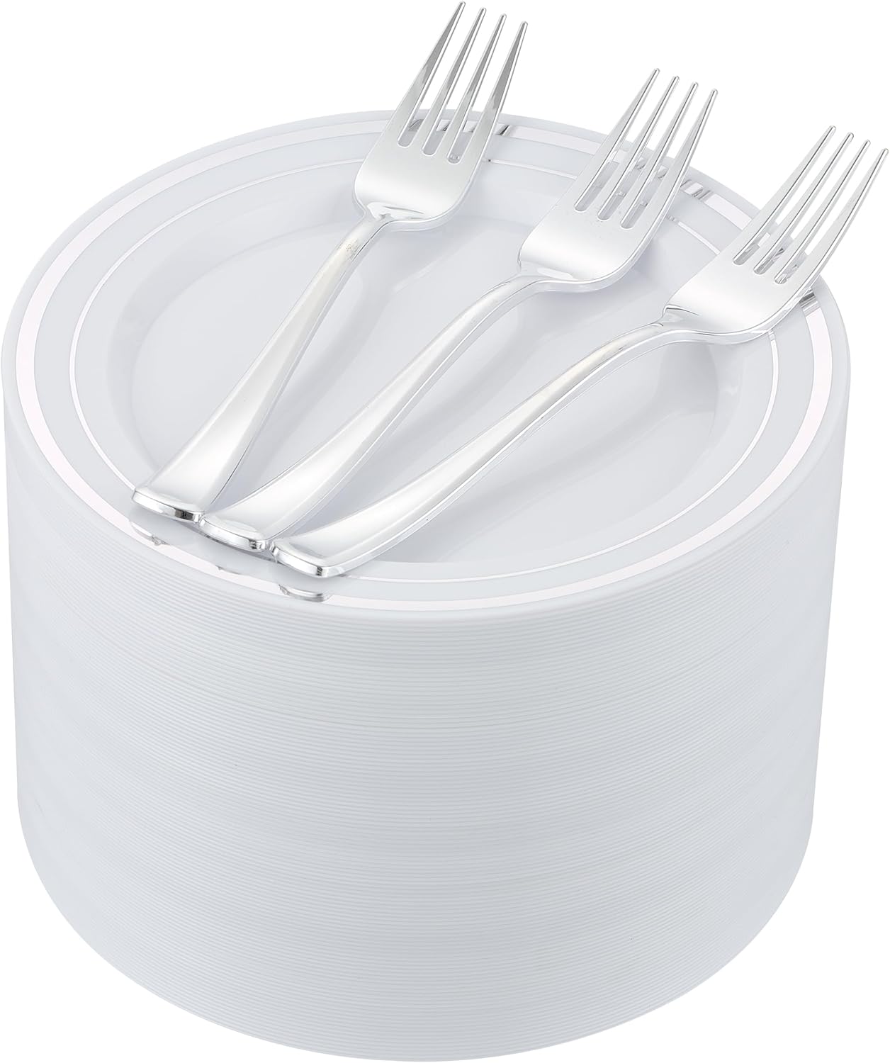 100pcs Silver Dessert Plates with Forks for Celebrations 7.5ftin