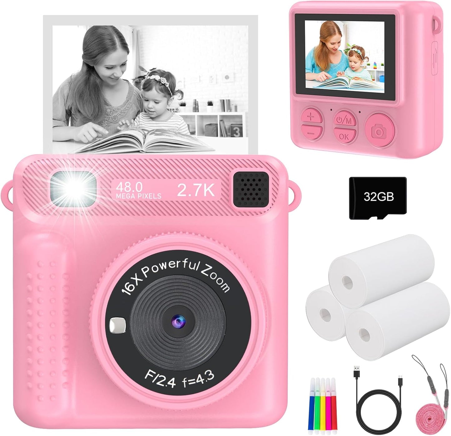 Instant Print Camera for Kids - HD Video, 32GB SD Card, Toy for Girls & Boys, Pink