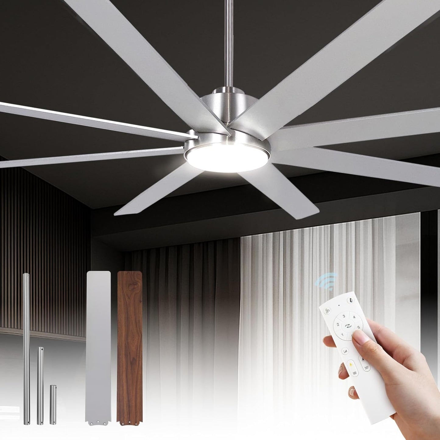 72Inch Large Brushed Nickel Ceiling Fan with Light and Remote Control