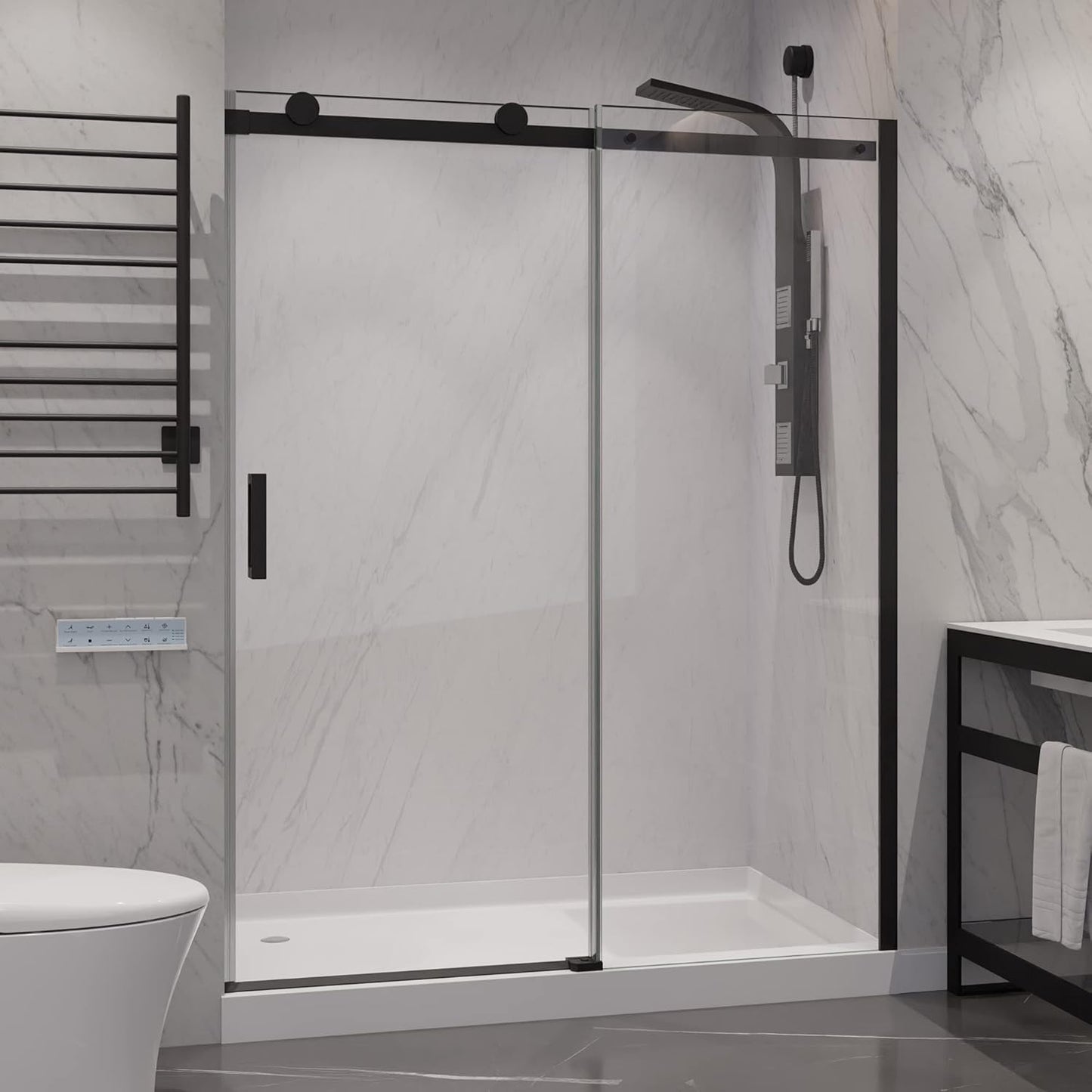 Frameless Shower Door with Matte Black Finish and Easy Glide Rollers