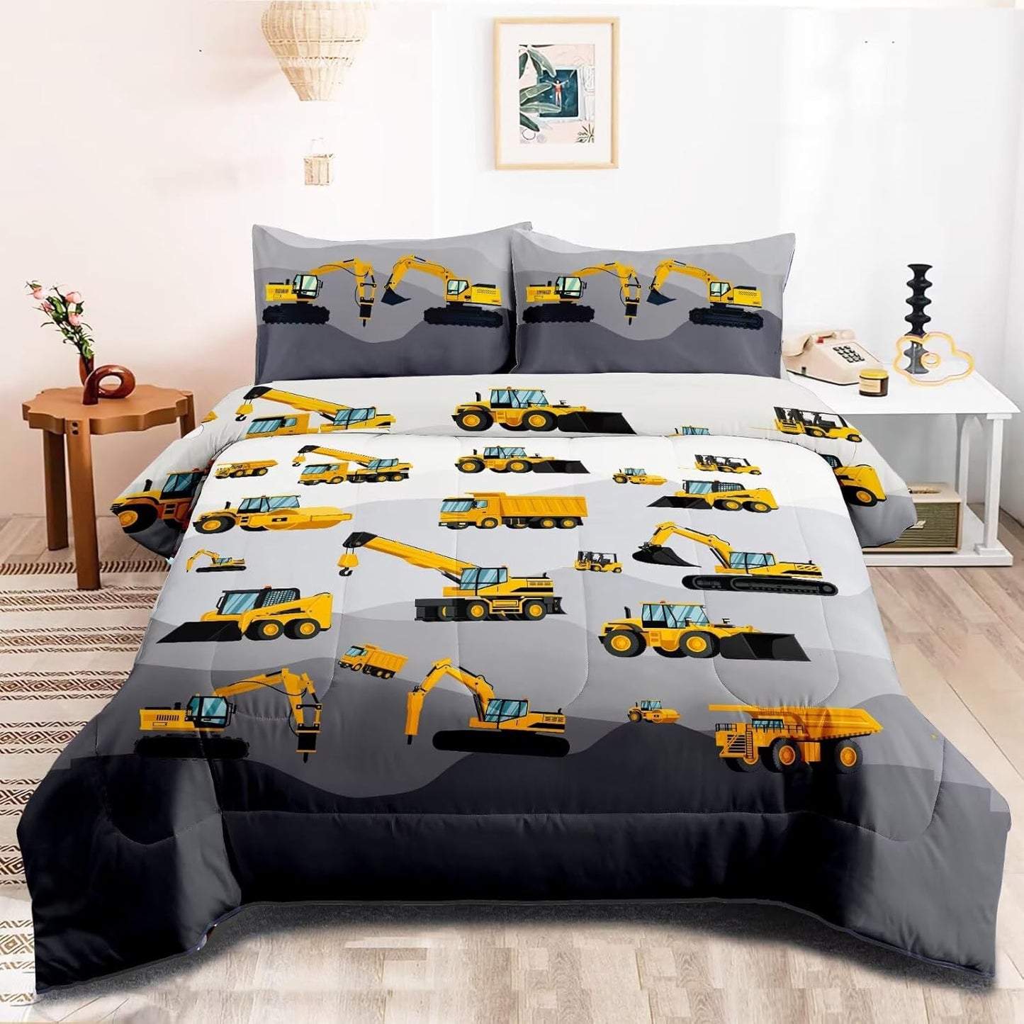 Kids Construction Vehicles Truck Comforter Set for Boys Twin