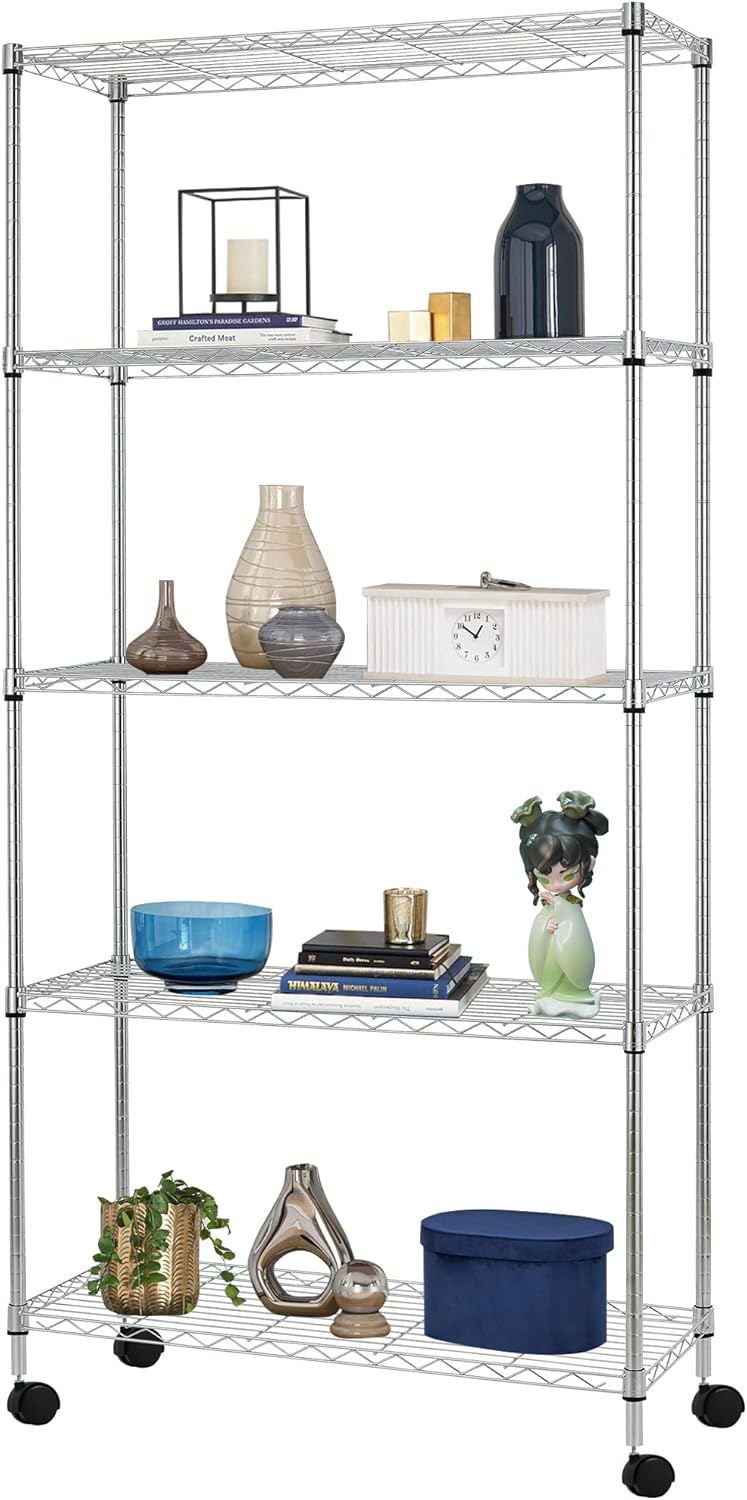 5-Tier Wire Storage Shelves with Wheels for Home & Garage