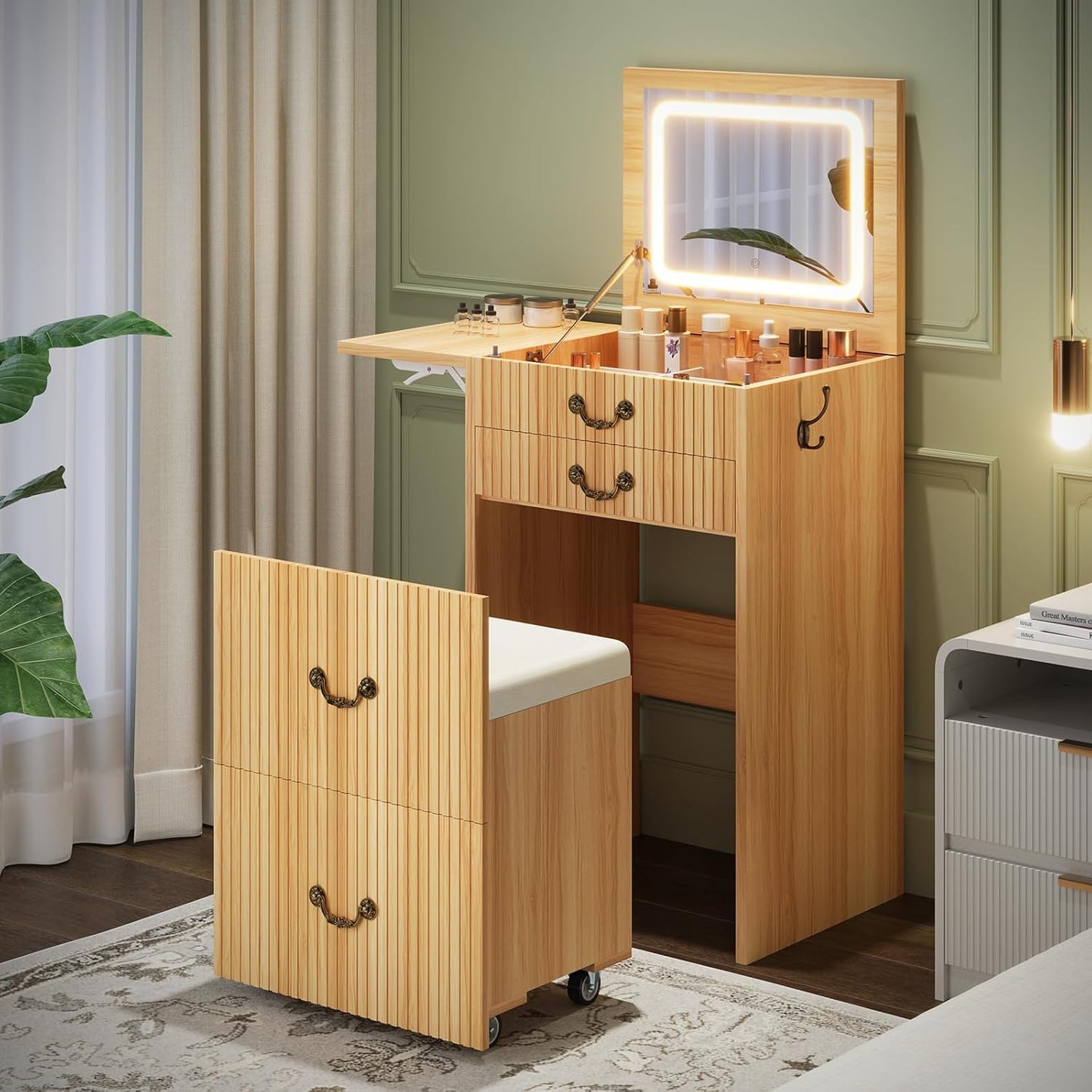 FURSUN 3-in-1 Vanity with Flip Mirror & Lights for Bedroom