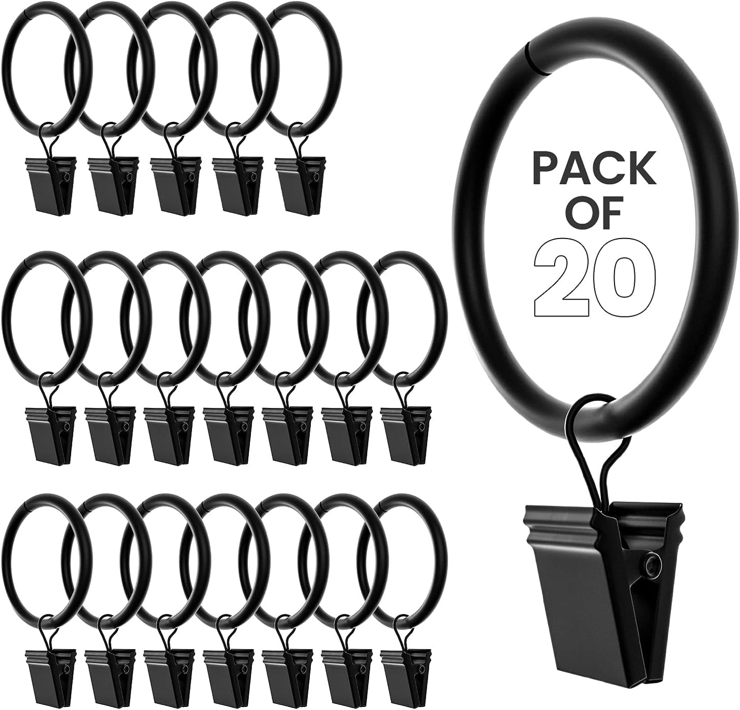 Premium Black Curtain Rings Set - 20 Heavy Duty Hooks for Drapes & More