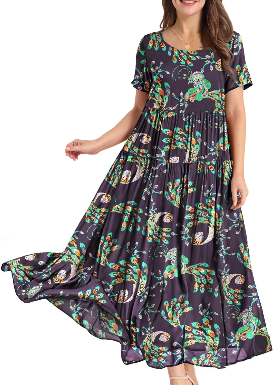 YESNO Women Casual Loose Bohemian Floral Dress with Pockets