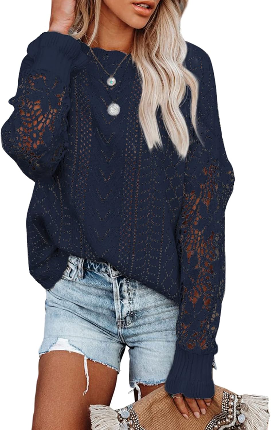 Dokotoo Womens Crochet Lace Long Sleeve Sweater for Style