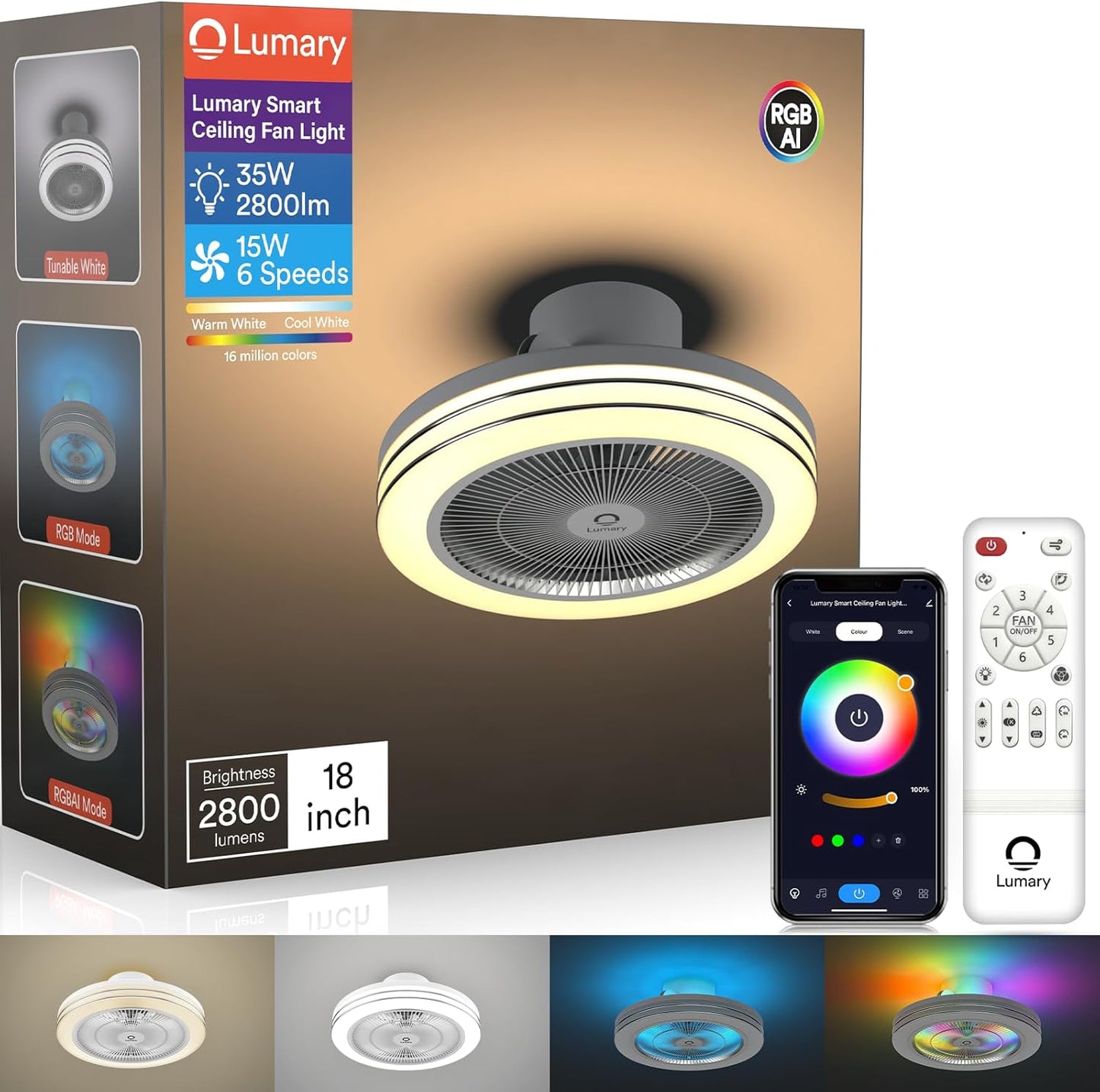 Lumary Smart Ceiling Fan with RGBAI Light and Remote Control
