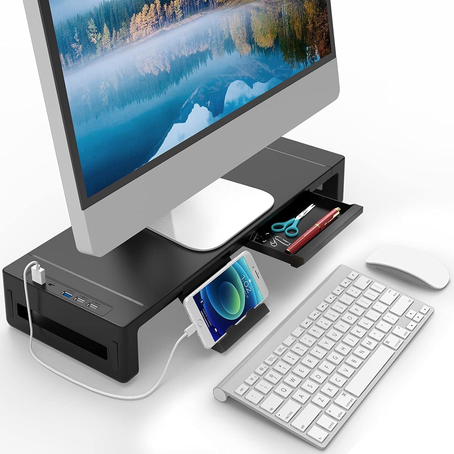 Monitor Stand Riser with USB Ports and Drawer for Desk Use