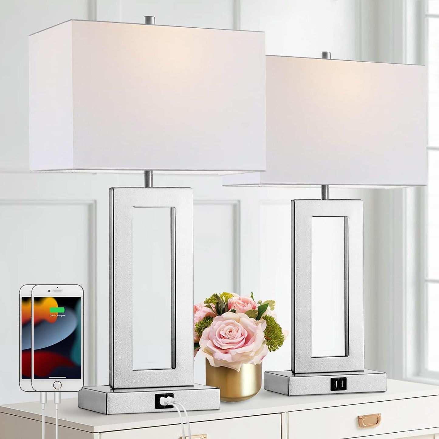 Modern Silver Table Lamps Set of 2 with USB Ports and Dimming