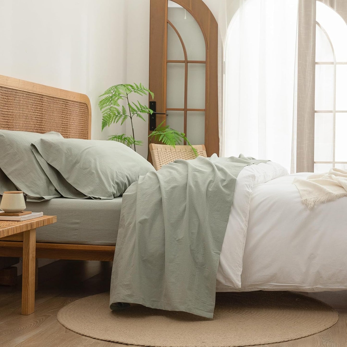BESTOUCH Sheet Set 100% Washed Cotton Chic Lightweight Bedding