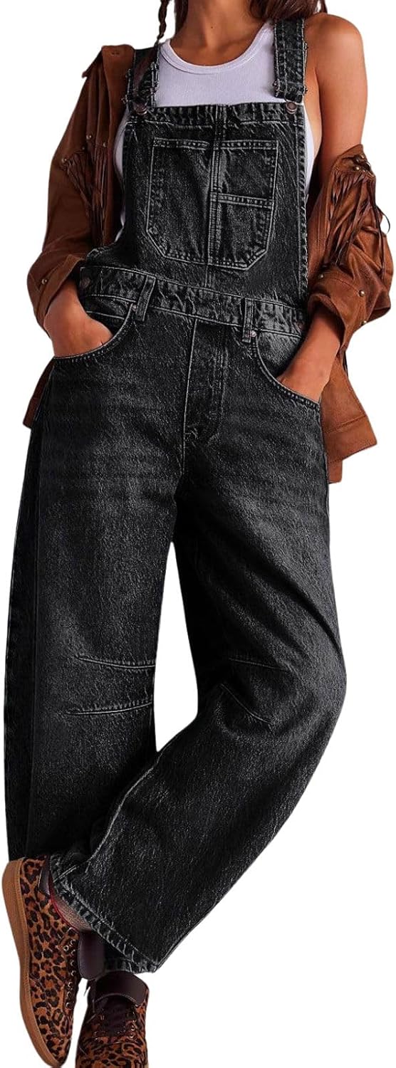 Womens Denim Overalls Loose Fit Barrel Leg Adjustable Strap Jumpsuits