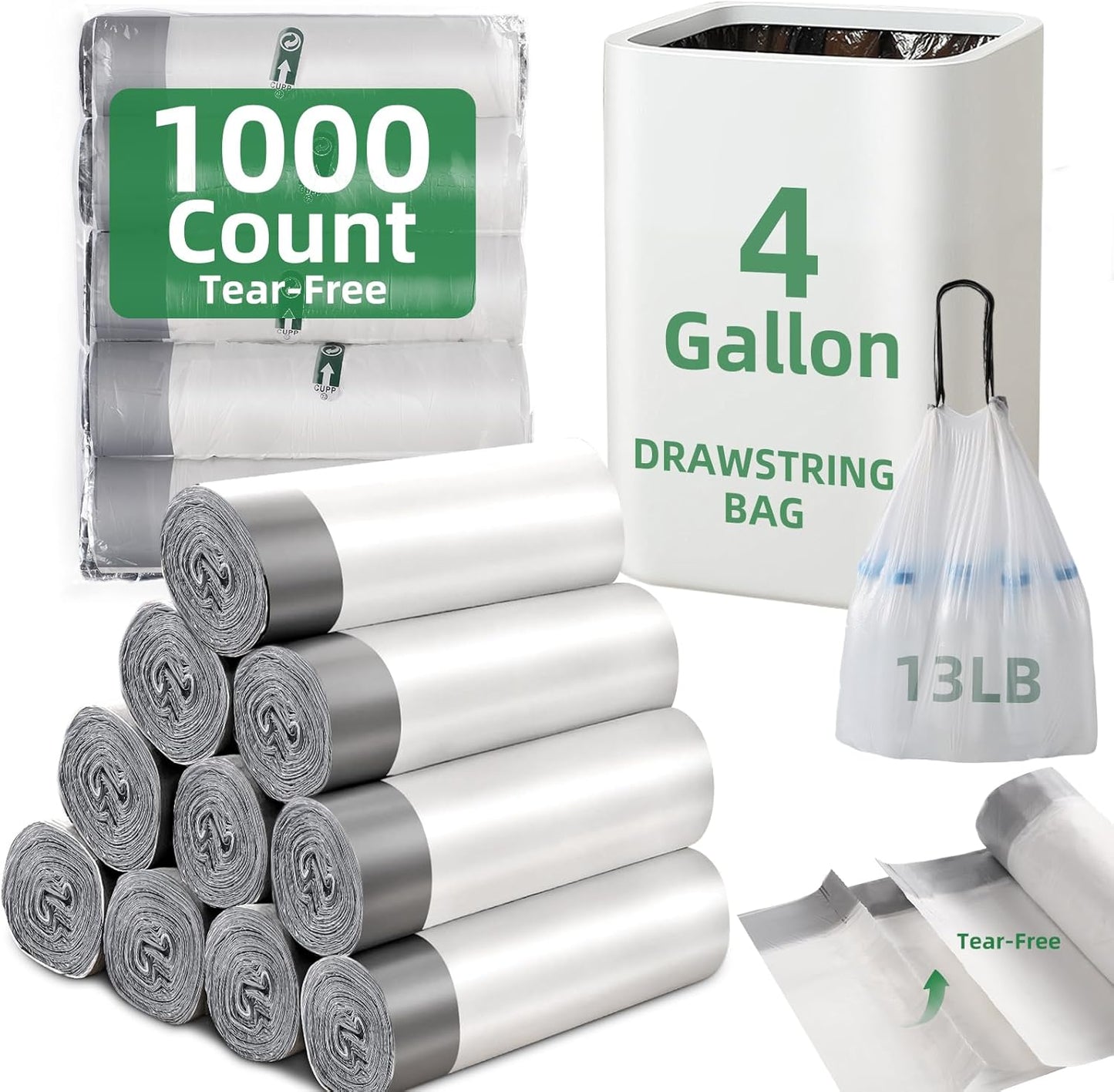 1000 Counts 4 Gallon Trash Bags for Home and Office Use