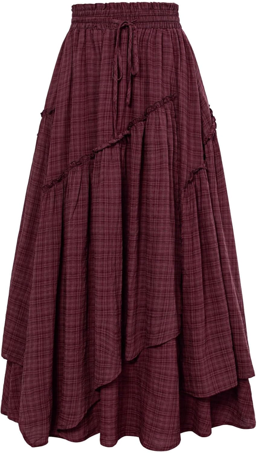 Women Plaid Skirt High Waist A Line Tiered Long Skirt with Pockets