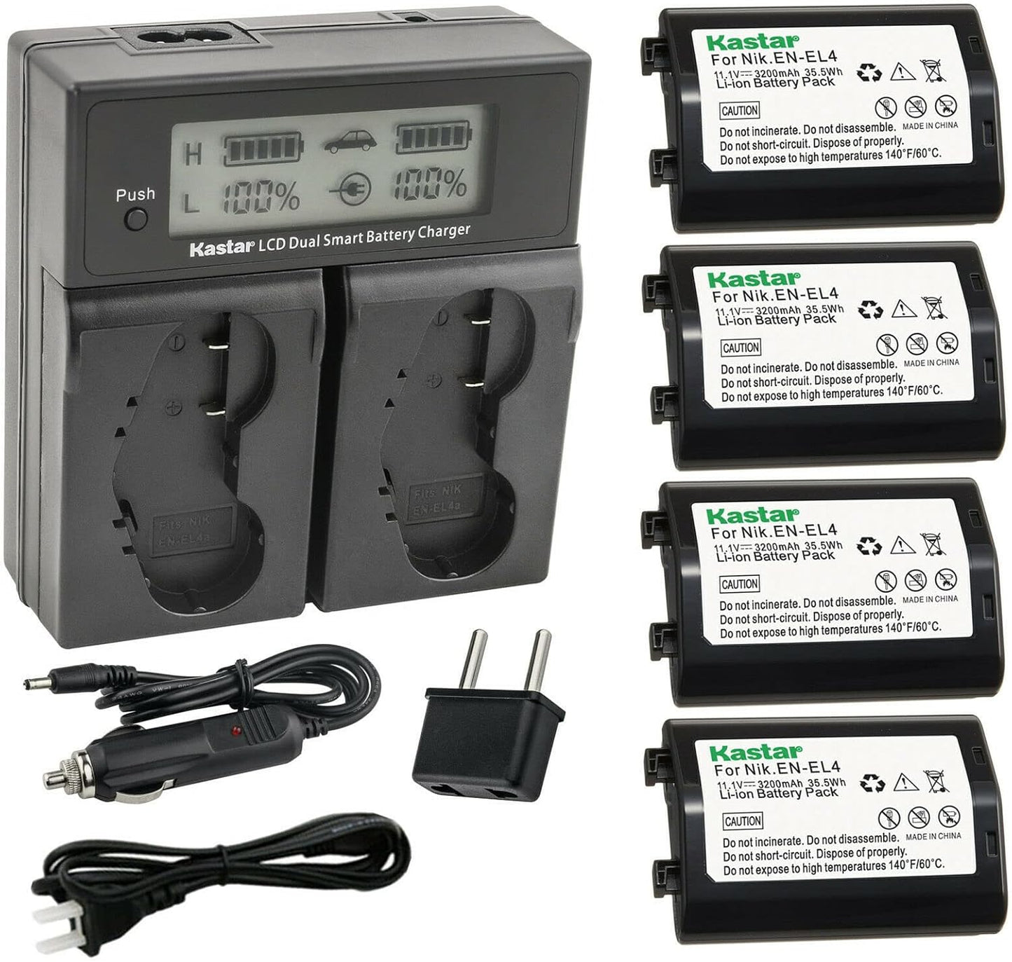 Kastar 4-Pack EN-EL4a Battery and Dual Fast Charger for Nikon
