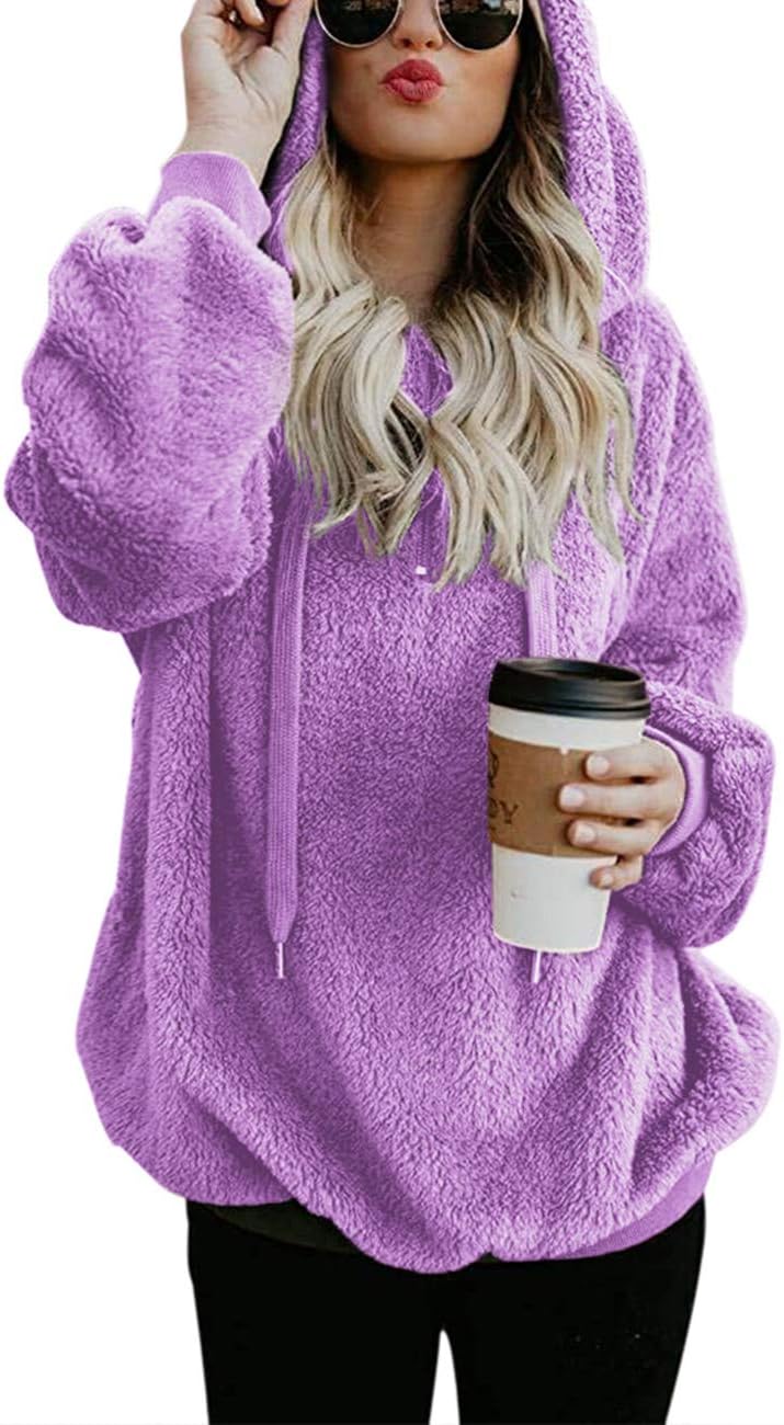 Women Casual Double Fuzzy Sweatshirt Cozy Zip Pullover Hoodies