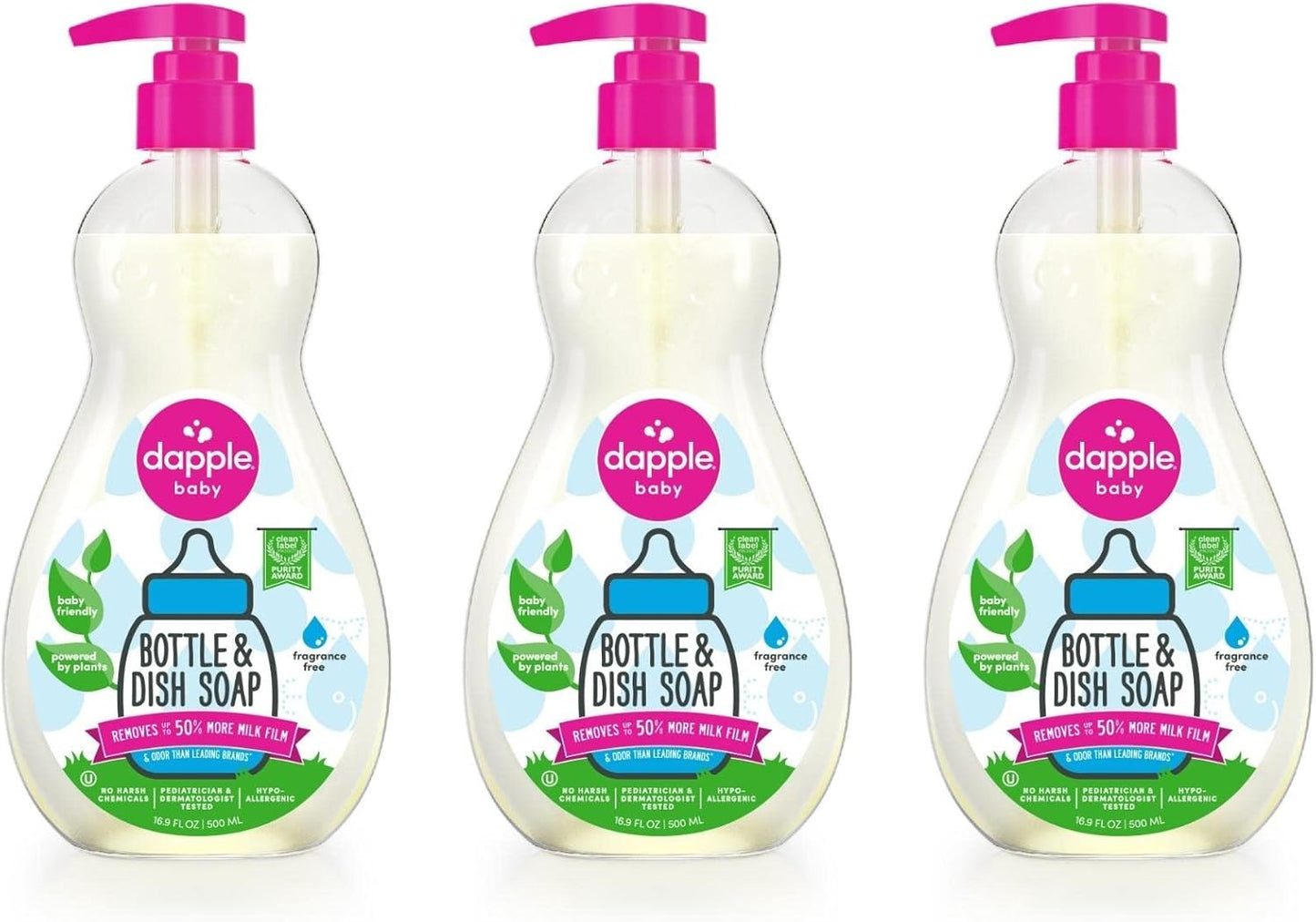 Dapple Baby Bottle Soap, Plant-Powered, Hypoallergenic Triple Pack