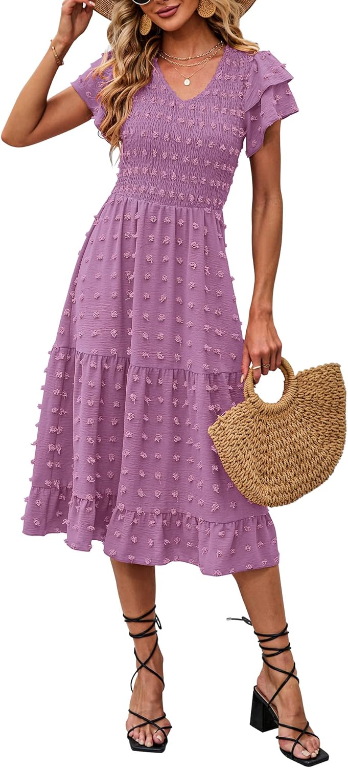 BTFBM Women Casual Summer Short Ruffles Tiered Sleeve Midi Dress