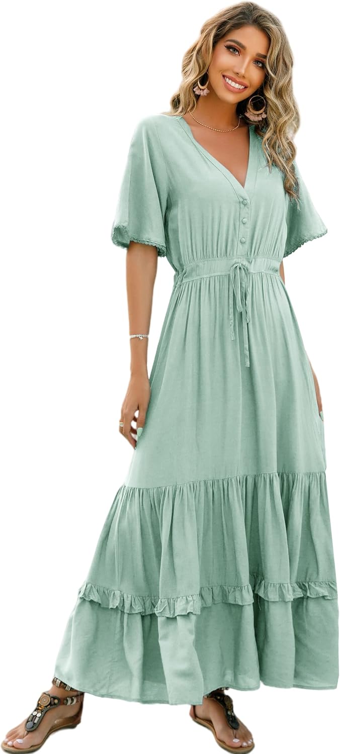 R.Vivimos Womens Summer Cotton V Neck Floral Midi Dress Review