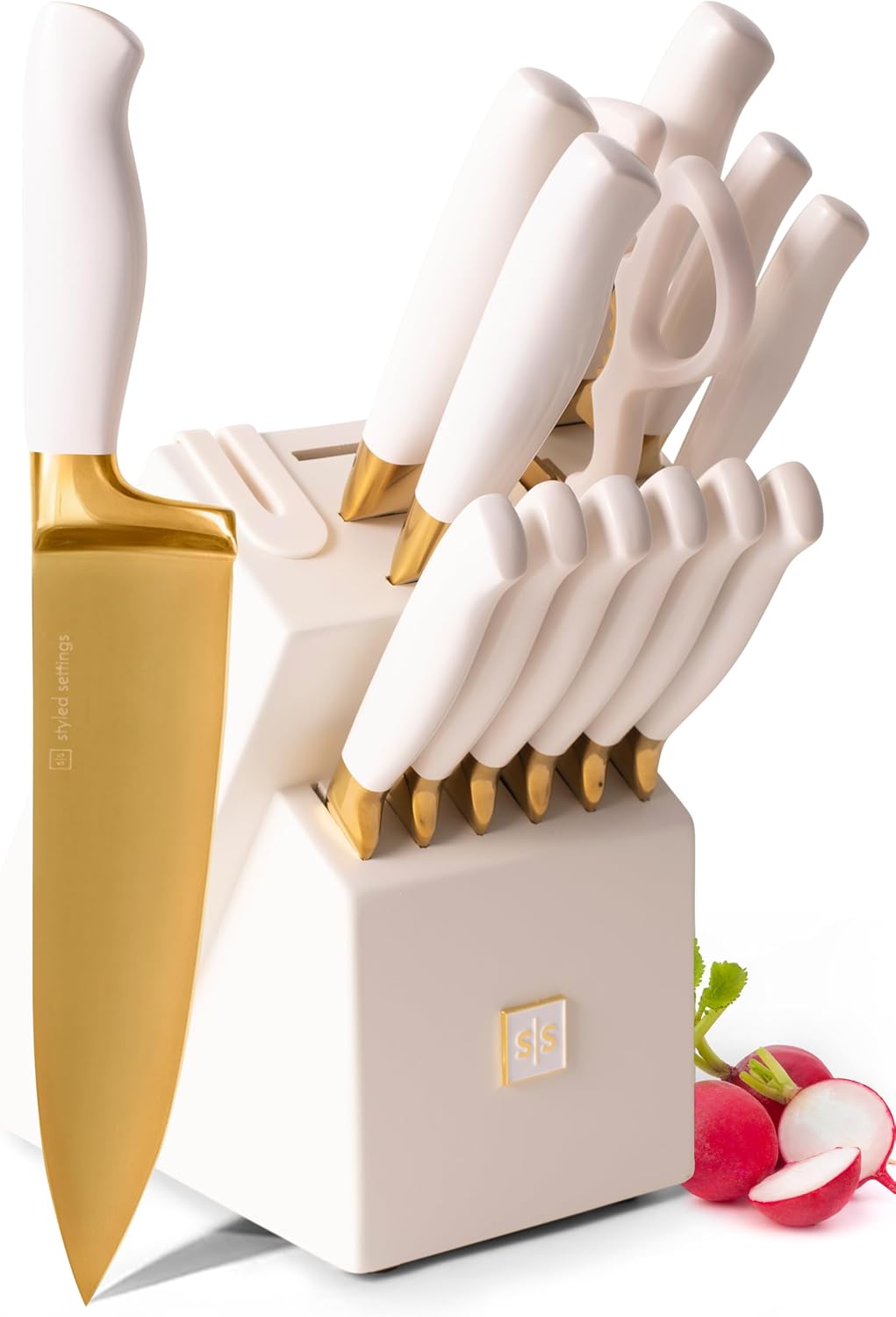 White and Gold Knife Set with Block - 14-Piece Kitchen Essential